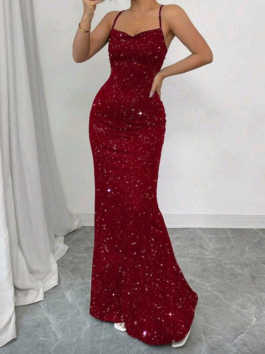 #2718 Elegant Banquet Glitter Spaghetti Strap Open Back Mermaid Dress