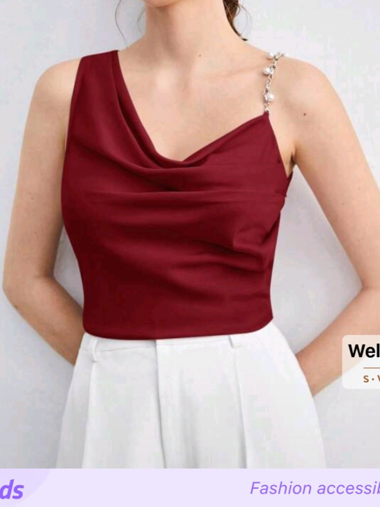 #3873 Asymmetric Design Ruched Metal Decor Strap Camisole Top