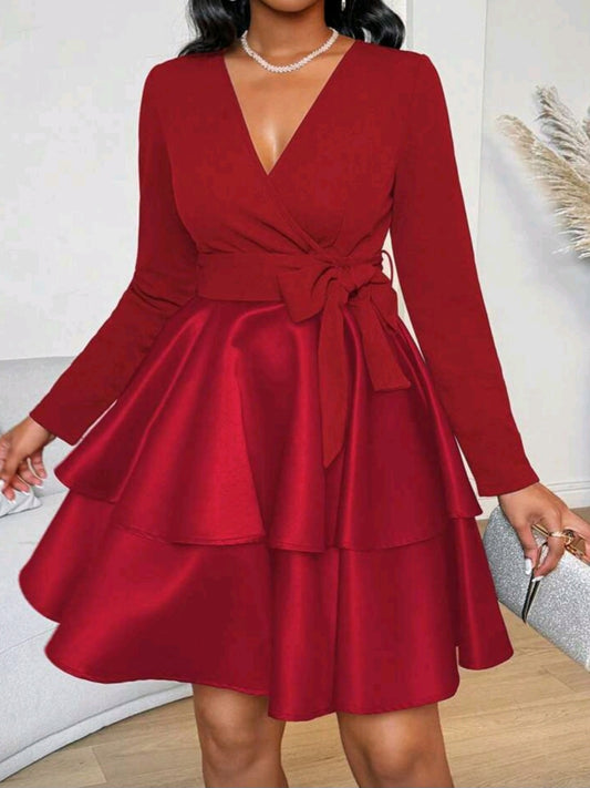 #0926 Elegant Red Double Hem Mini Dress