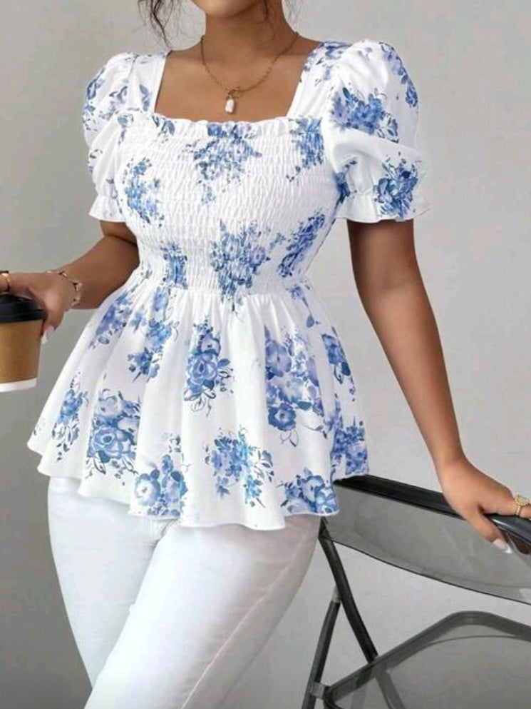 #9288 Ditsy Floral Waist Cinched Elegant Top