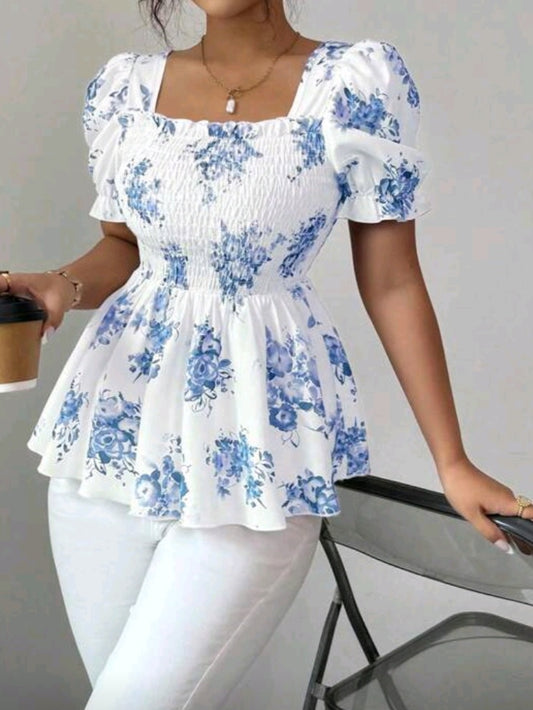 #9288 Ditsy Floral Waist Cinched Elegant Top