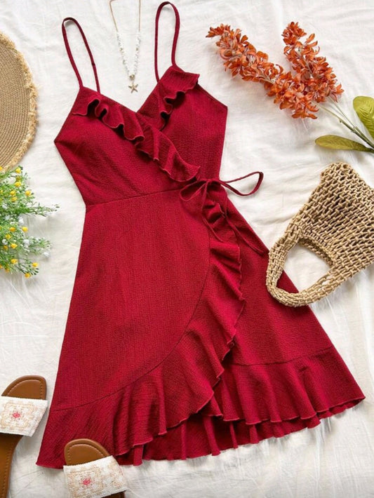 #2966 Ruffle Trim Wrap Knot Side A-Line Cami Dress