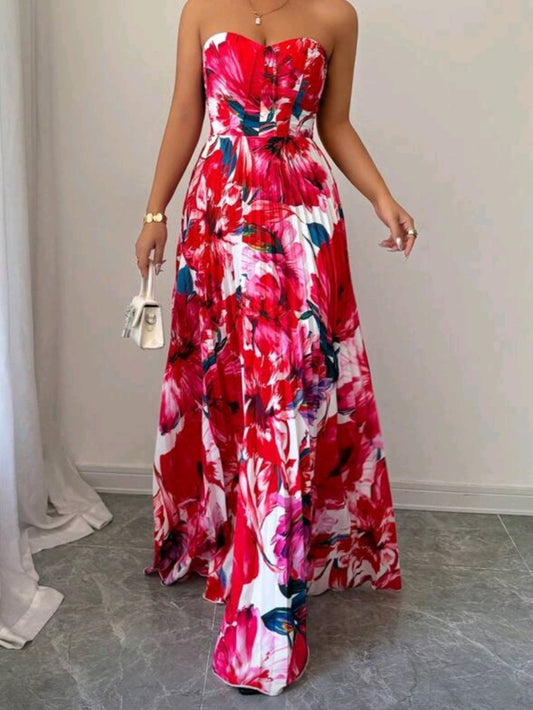 #6989 Strapless Shirred Waist Allover Print Dress