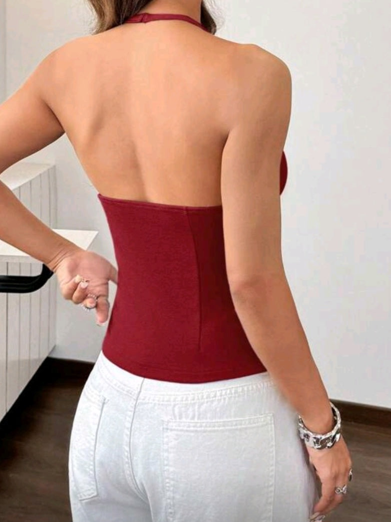 #7270 Knit Plain Sleeveless Backless Halter Top