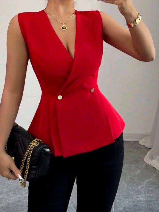 #2149  V-Neck Sleeveless Shirt With Crossover Metal Button