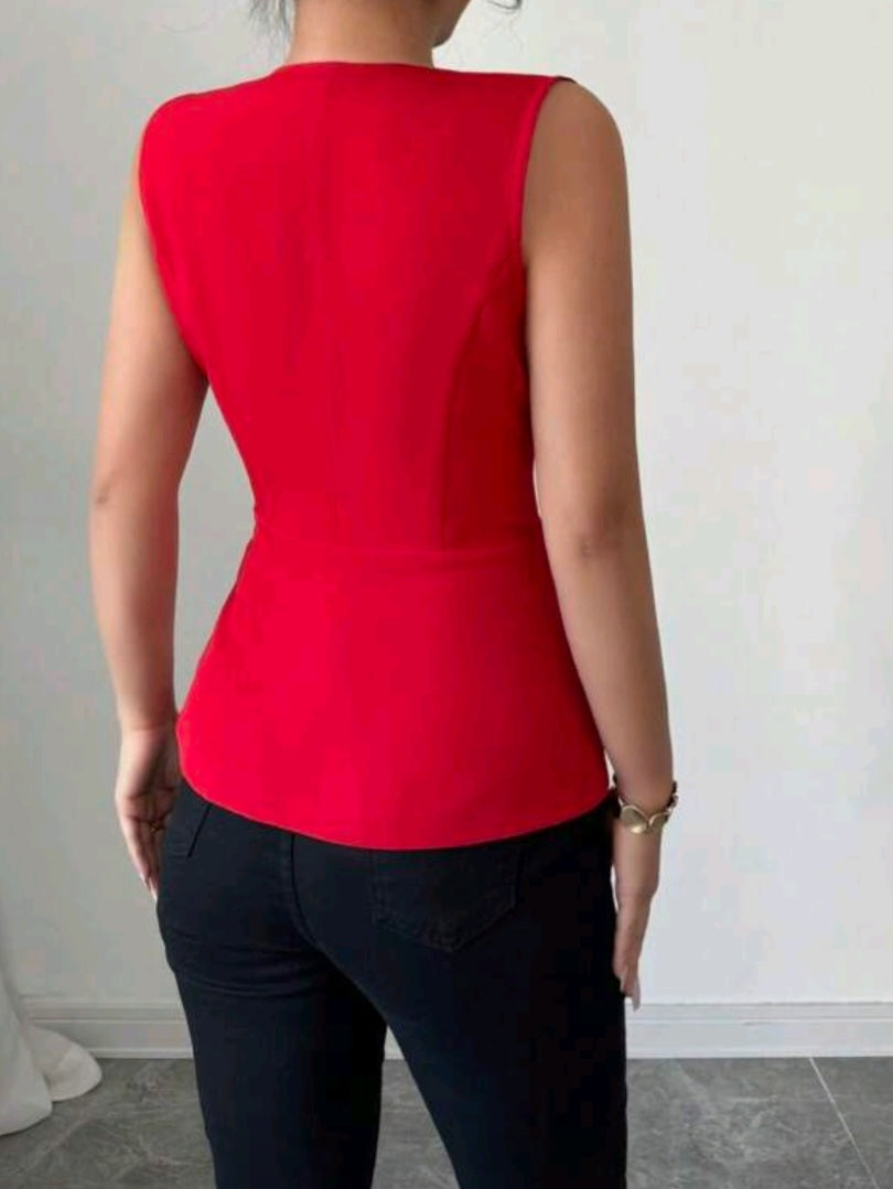 #2149  V-Neck Sleeveless Shirt With Crossover Metal Button