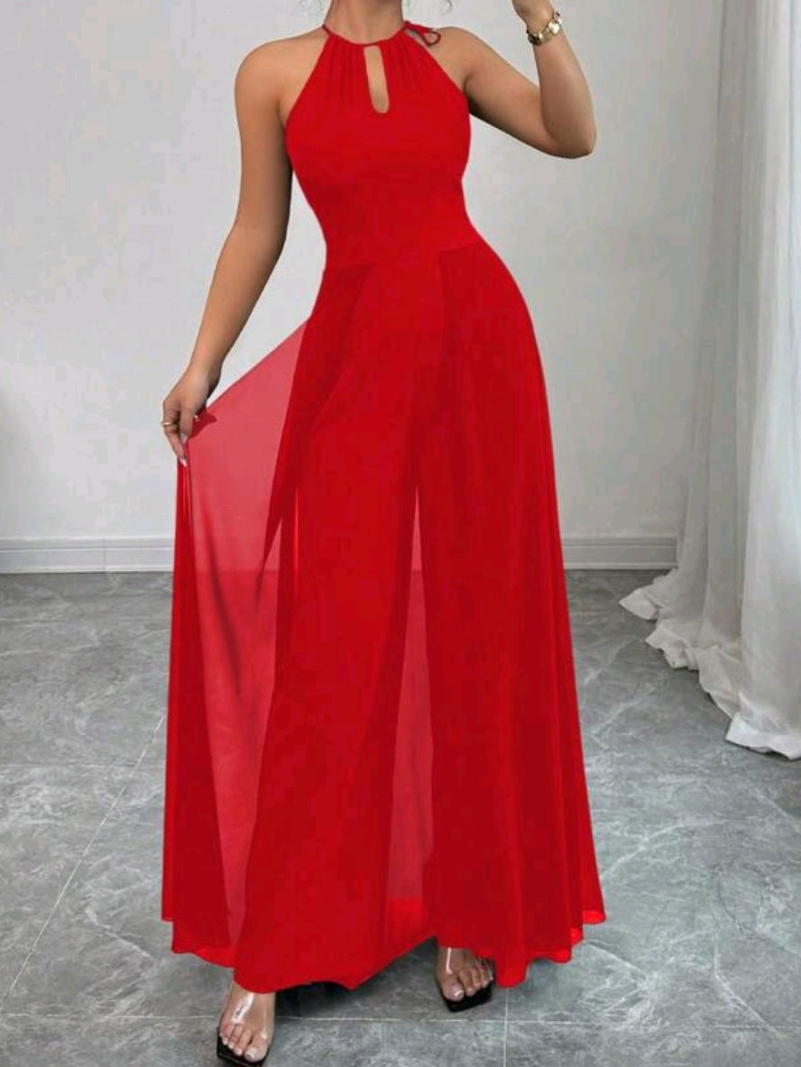 #5653 Sheer Chiffon Patchwork Wide Leg Jumpsuit