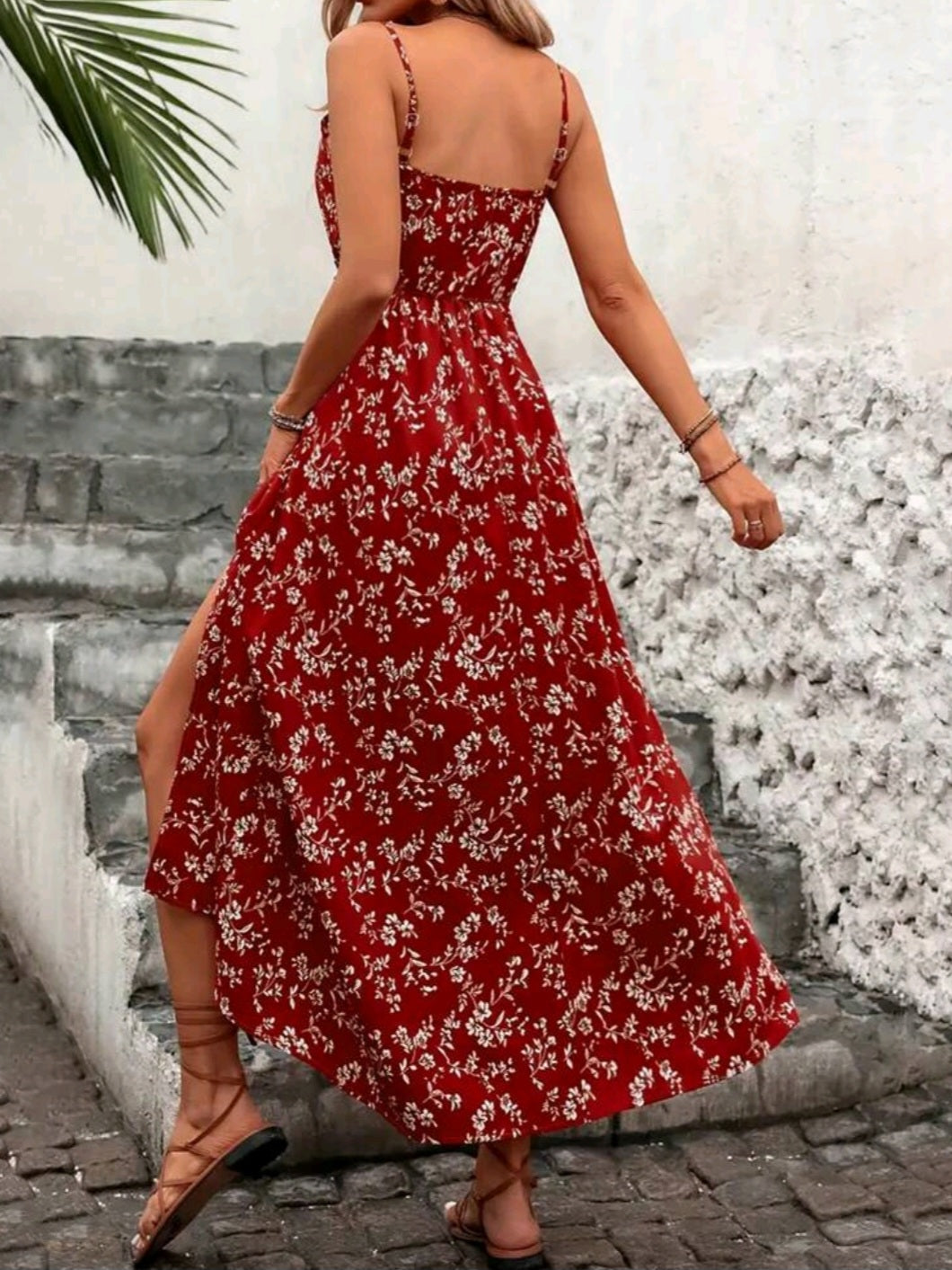 2104 Floral Waist Patchwork Hollow Lace Hem High Slit Slip Dress