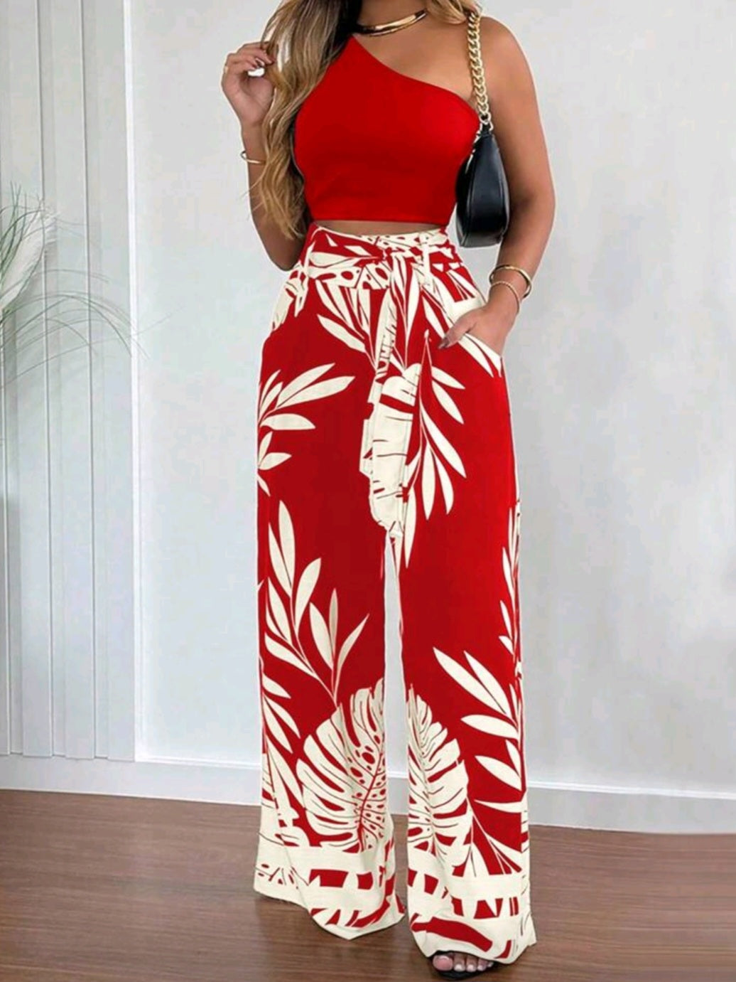 #5454 Fitted Tie-Belt Printed One-Shoulder Top And Straight-Leg Pants Set