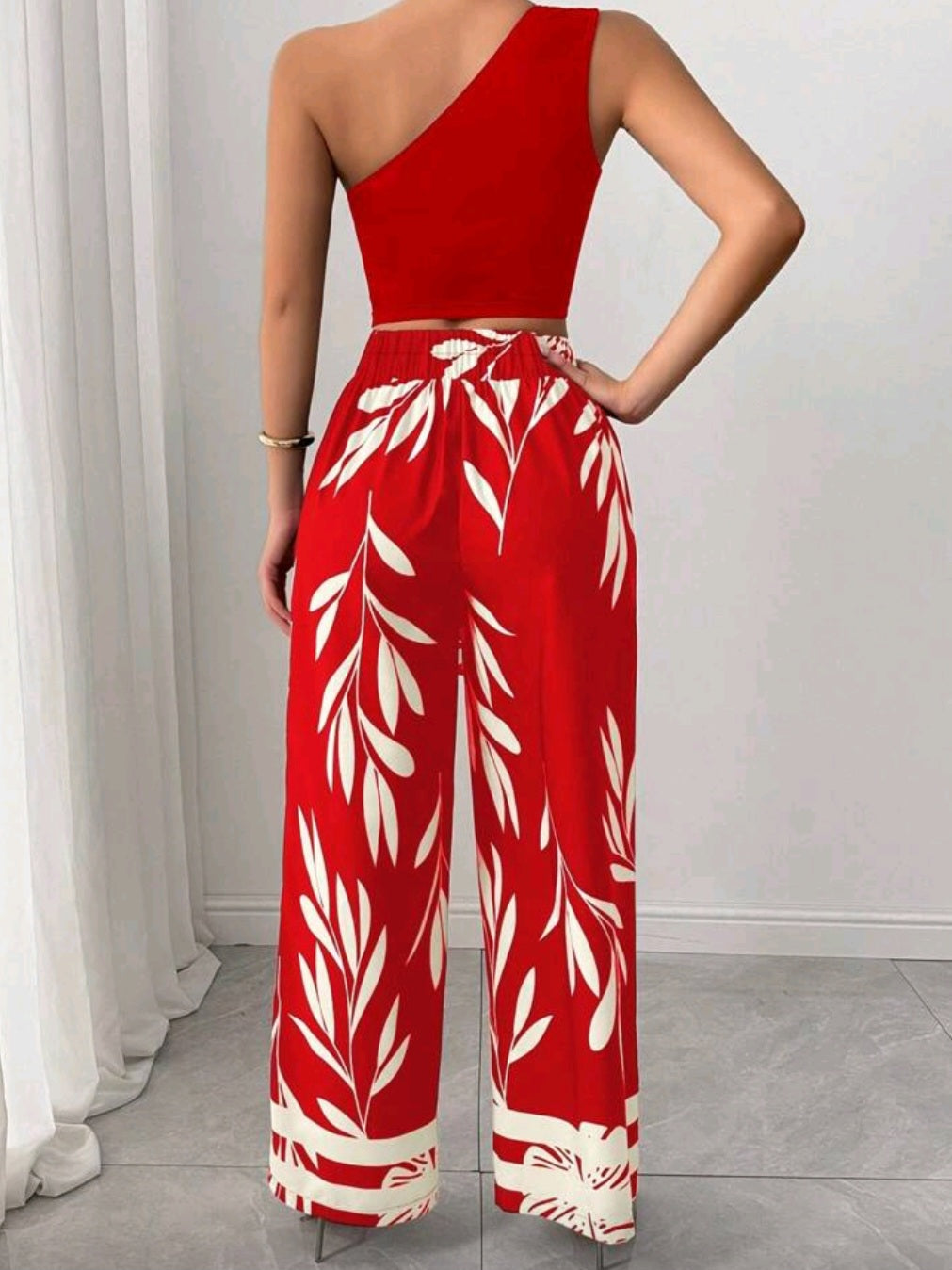 #5454 Fitted Tie-Belt Printed One-Shoulder Top And Straight-Leg Pants Set