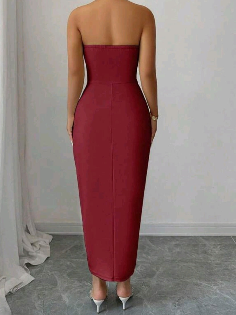 #7288 Floral Embroidery Patchwork Ruffle Elegant Strapless Dress