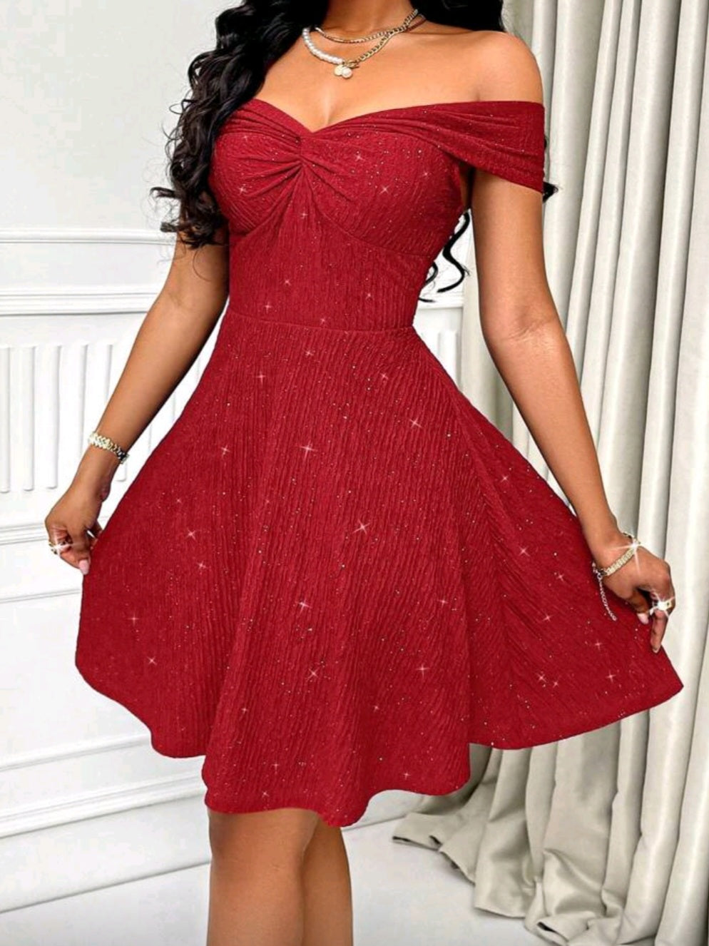 #3404  Twisted Off Shoulder Backless Glitter Detail A-Line Dress