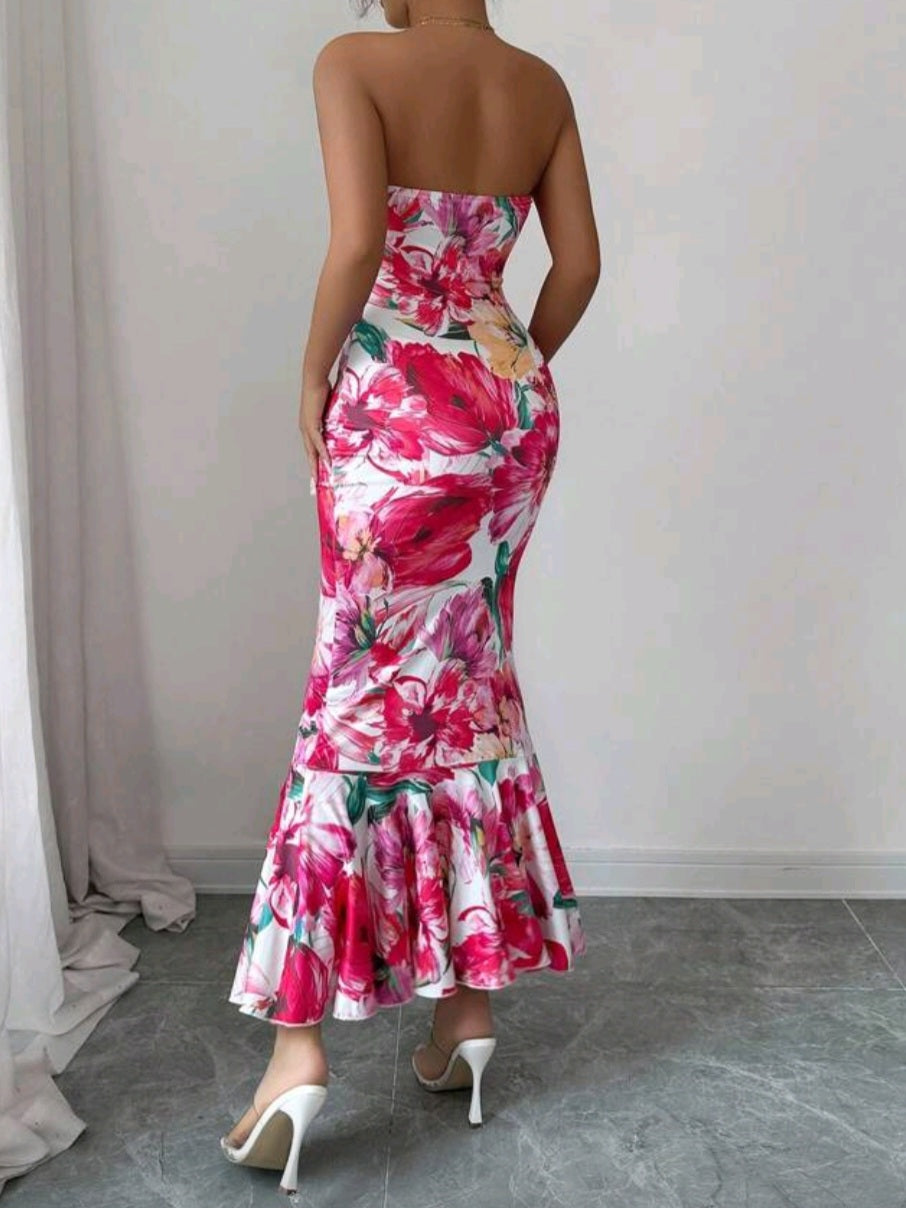 #8886 Elegant Knitted Floral Print Strapless Cinched Waist Fishtail Hem Dress