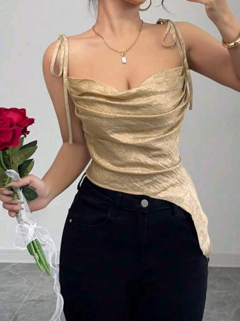 #9921 Metallic Asymmetric Plunge Neckline Top