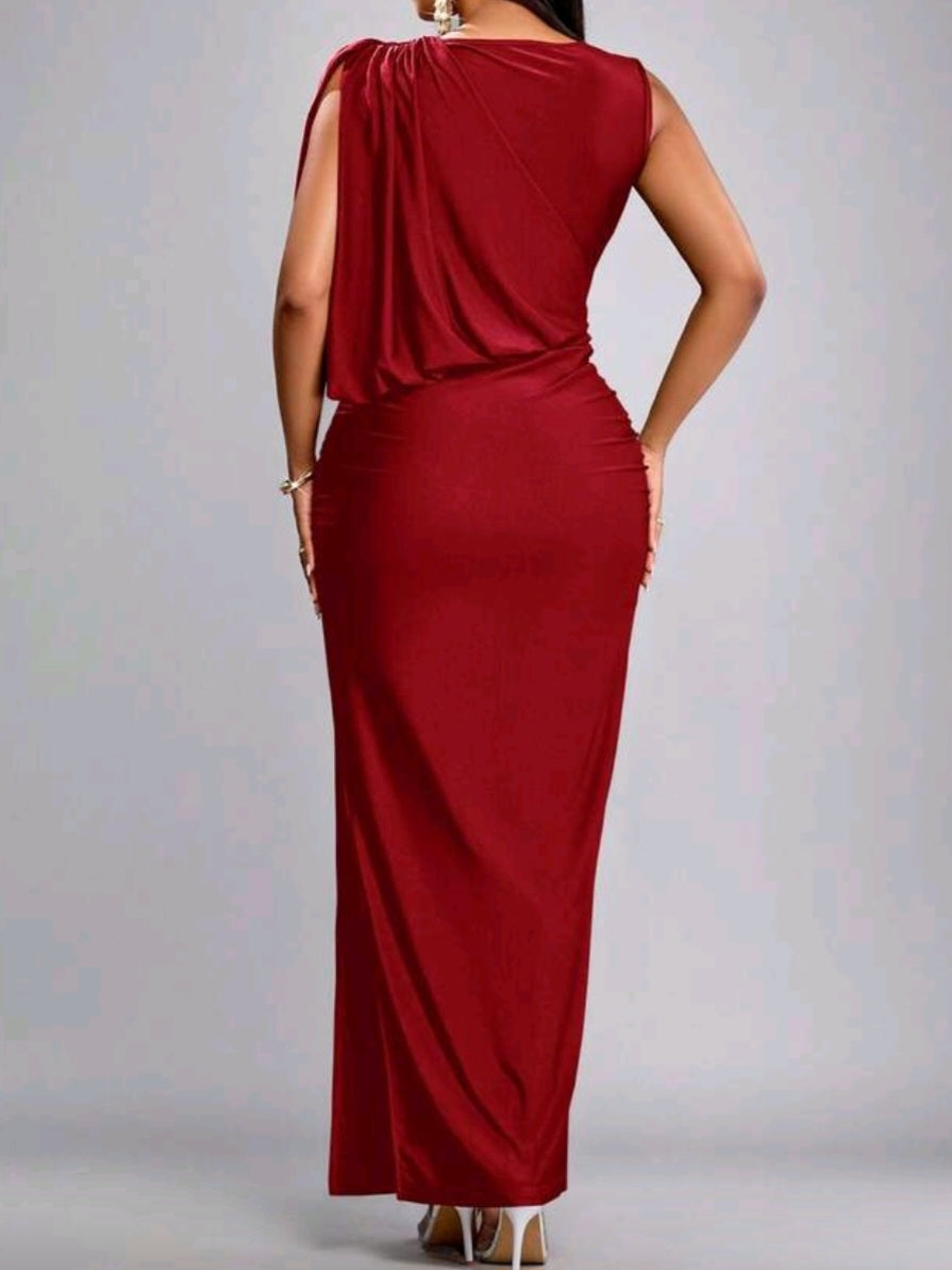 #0044 Asymmetric Neck Shoulder Pleats Hip Gathering Elegant Dress