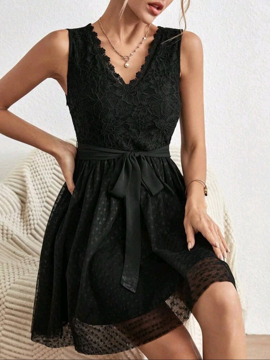 #5548 Lace Bodice Mesh Flare Hem Belted Dress