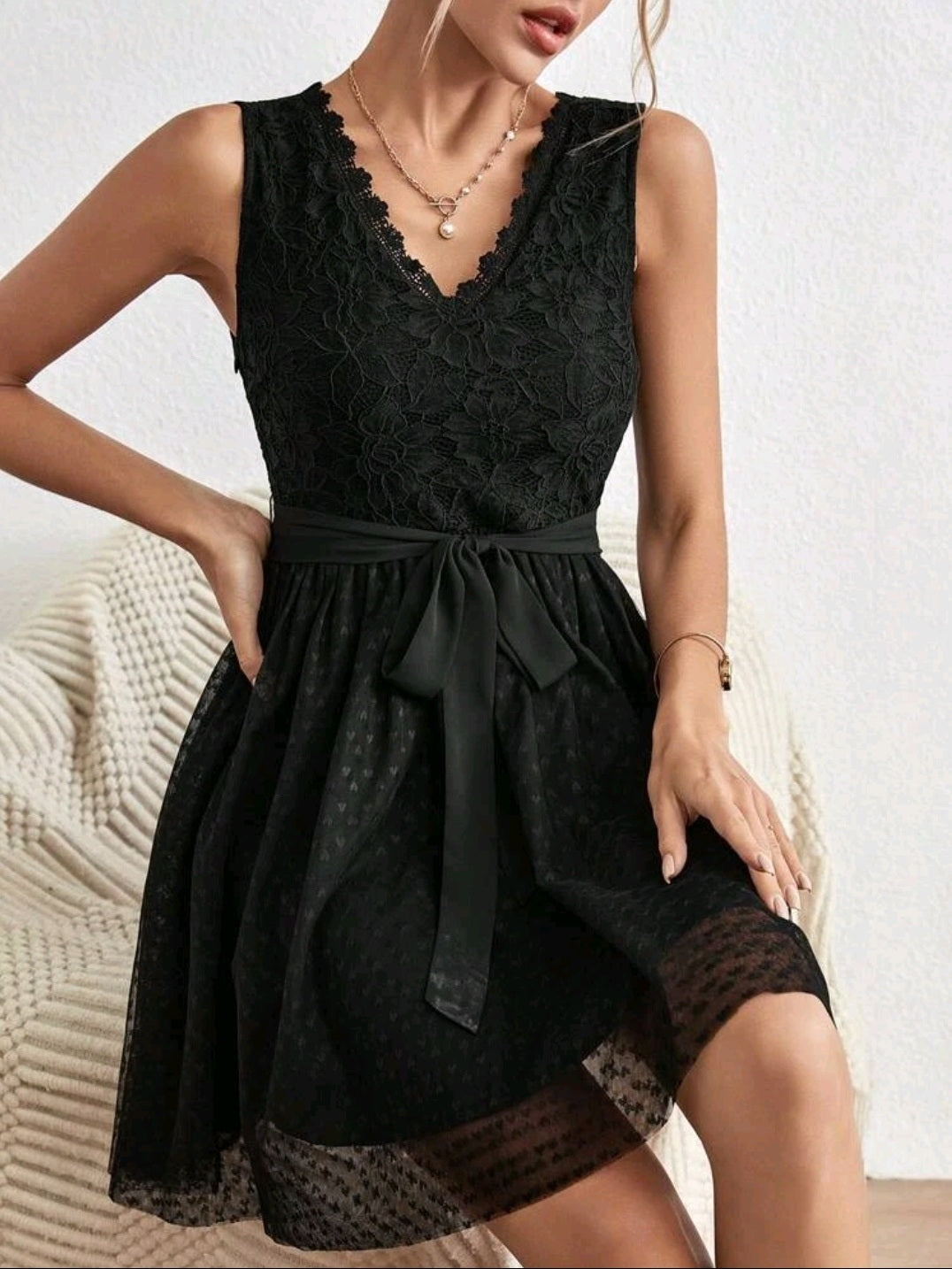 Lace Bodice Mesh Flare Hem Belted Dress