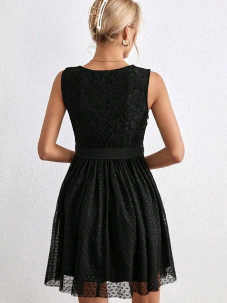Lace Bodice Mesh Flare Hem Belted Dress