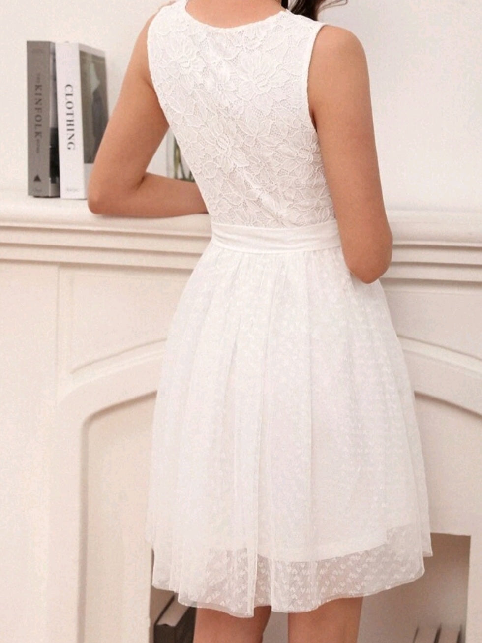 Lace Trim Belted Mesh Dress
