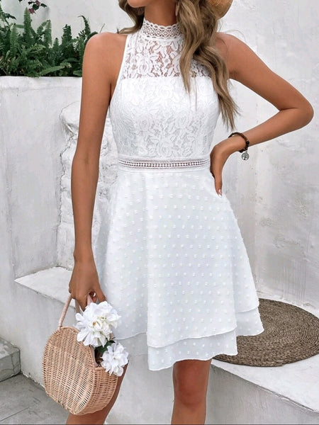 Swiss Dot Contrast Lace Mock Neck Dress