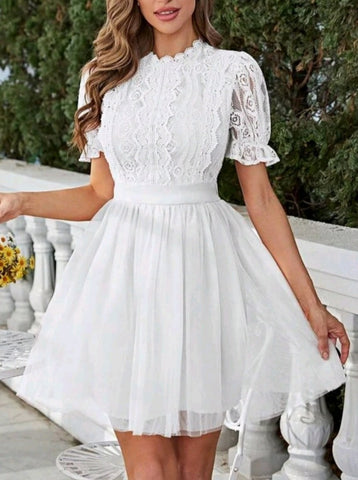 Mock Neck Puff Sleeve Mesh Overlay Dress