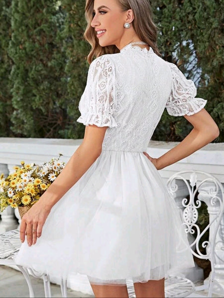 Mock Neck Puff Sleeve Mesh Overlay Dress