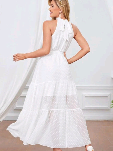 Swiss Dot Ruffle Hem Tie Back Belted Halter Dress