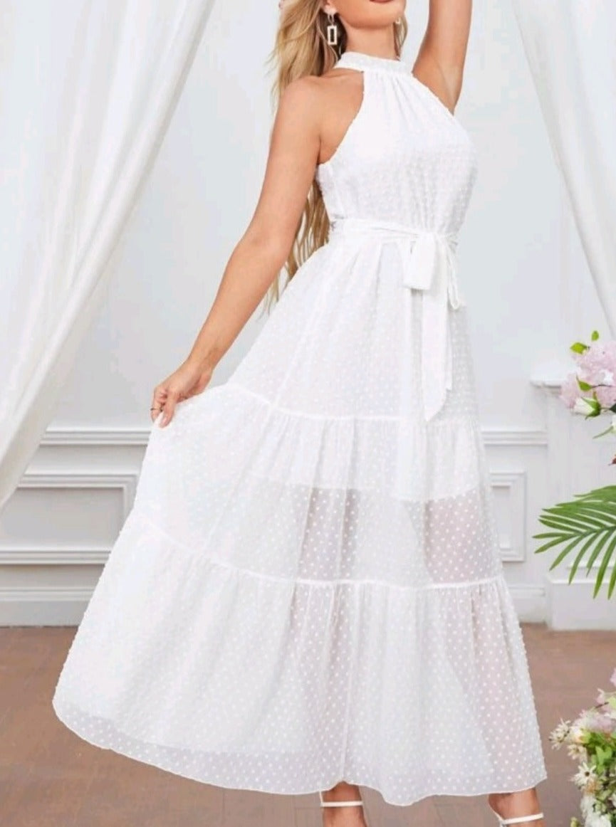 Swiss Dot Ruffle Hem Tie Back Belted Halter Dress