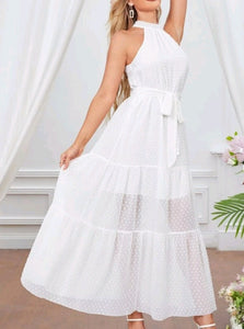 Swiss Dot Ruffle Hem Tie Back Belted Halter Dress