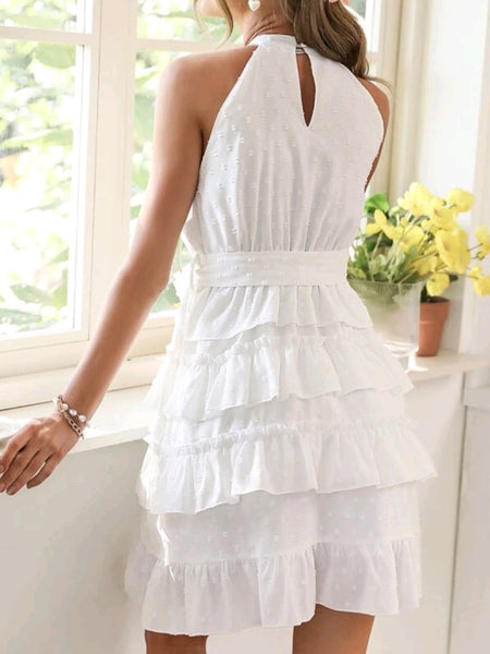 Swiss Dot Layered Hem Belted Halter Dress