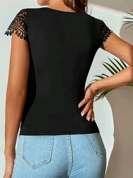 Contrast Lace Sweetheart Neck Tee