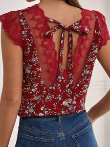Floral Print Tie Back Lace Panel Blouse