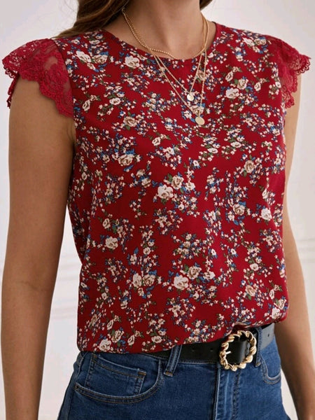 Floral Print Tie Back Lace Panel Blouse