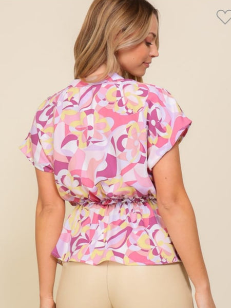 Cap sleeve button down printed top with self tie