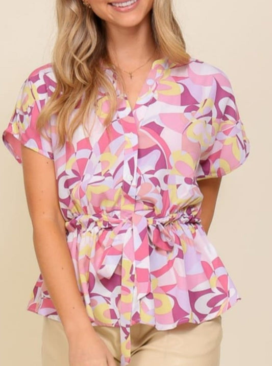 Cap sleeve button down printed top with self tie