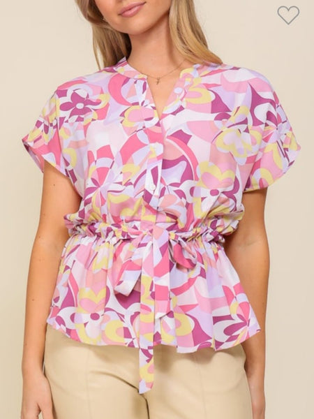 Cap sleeve button down printed top with self tie