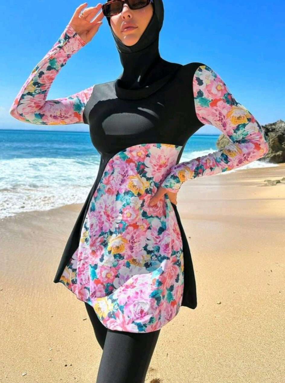 3 piece High Neck Burkini Swimsuit With Hat