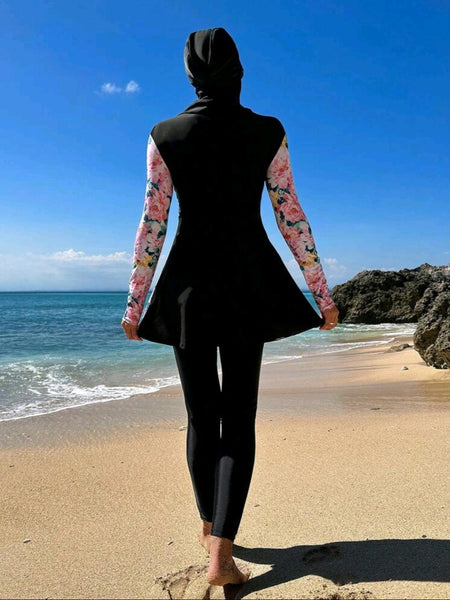 3 piece High Neck Burkini Swimsuit With Hat
