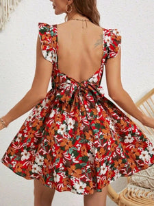 Tie Backless Ruffle Trim Dress