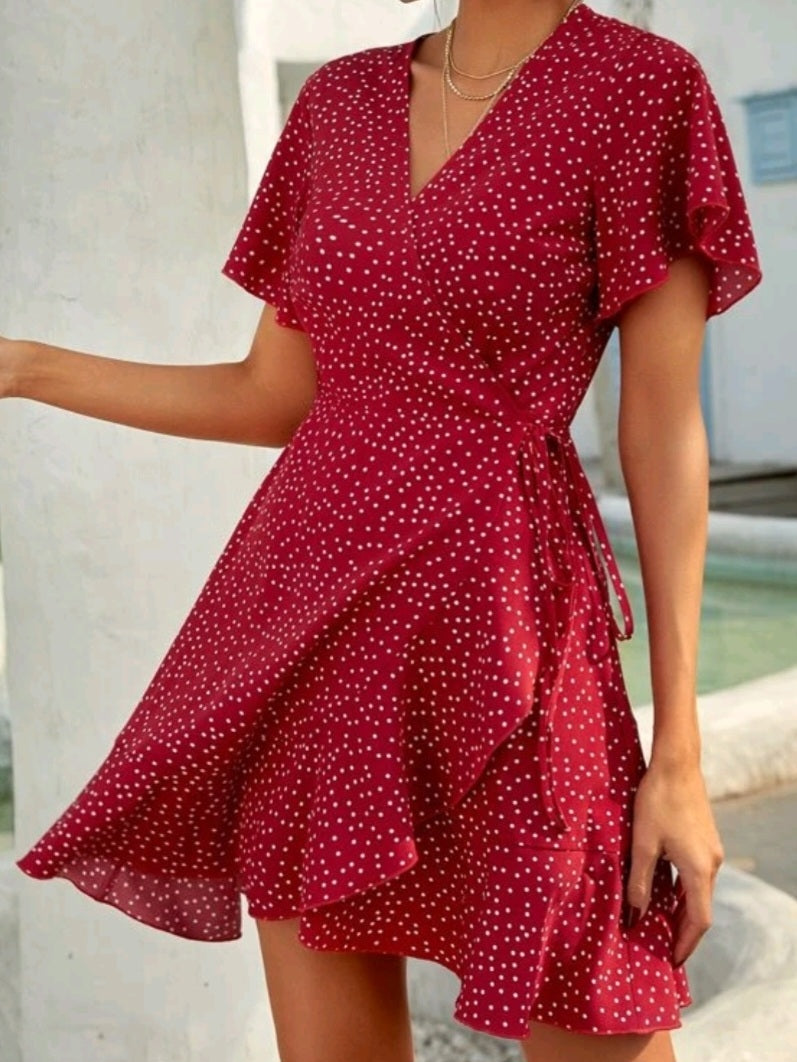 Polka Dot Knot Side Wrap A-line Dress