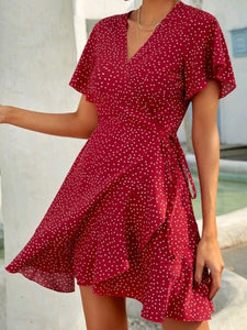 Polka Dot Knot Side Wrap A-line Dress