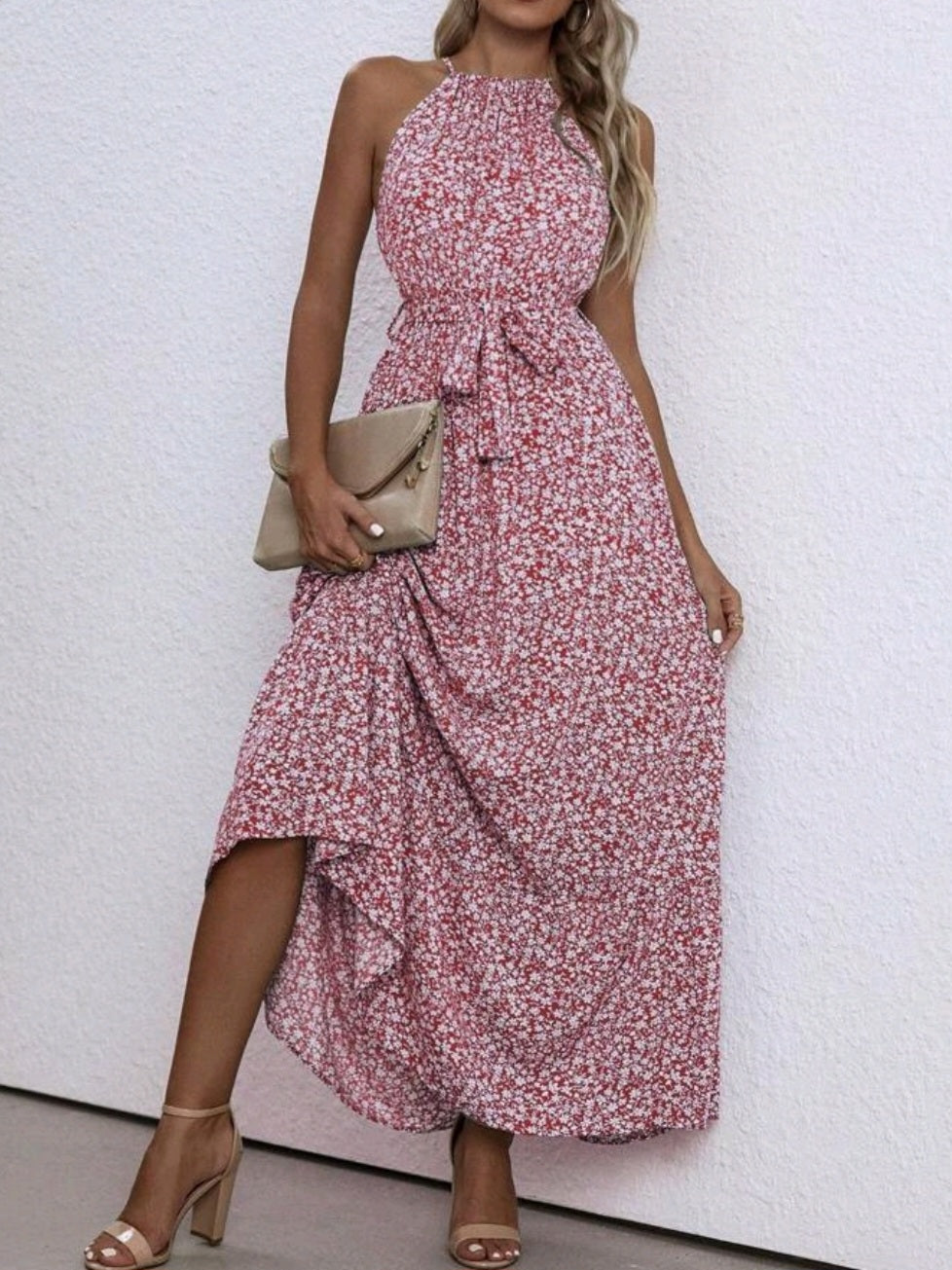 Floral Print Belted Halter Dress