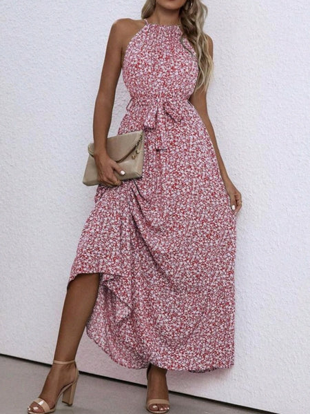 Floral Print Belted Halter Dress