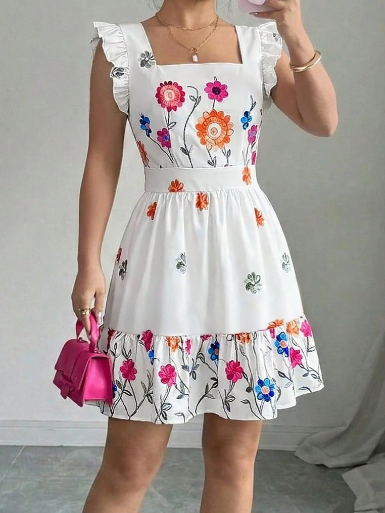 5422 Square Neck Waist Cinched Ruffle Hem Dress