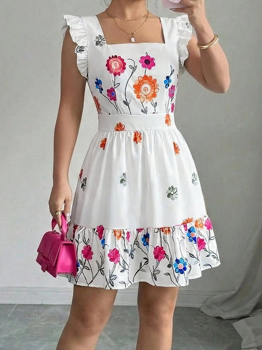 5422 Square Neck Waist Cinched Ruffle Hem Dress