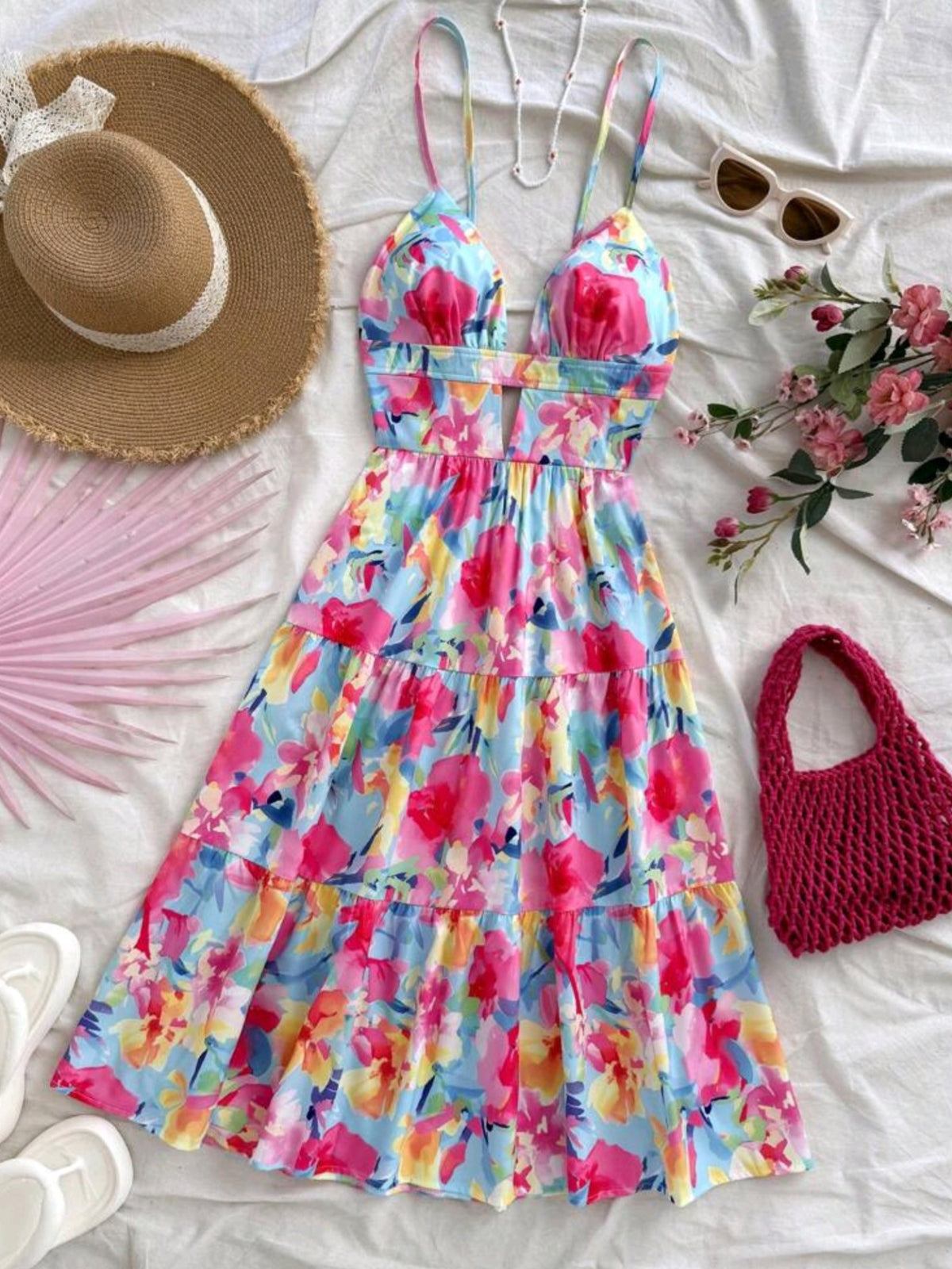 3656 V-Neck Hollow Backless Colorful Floral Print Mid-Length Dress