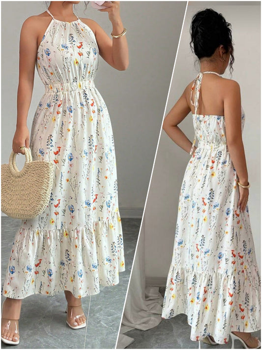 7130/1122 Spaghetti Strap Halter Back Elastic Waist Dress