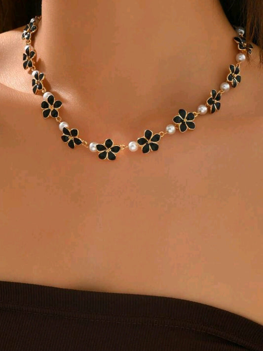0420 Floral Necklace with faux pearl
