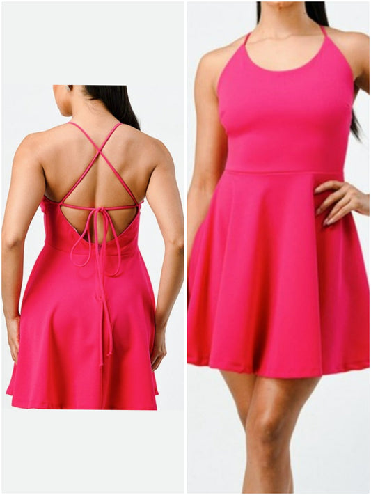 Scoop Neckline Cross Back Flared Mini Dress