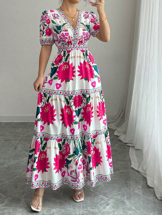 9664 V-Neck Puff Sleeve Dress